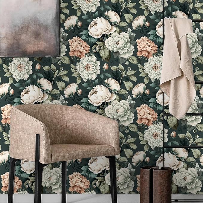 Dark Green White Peonies Vintage Floral Peel and Stick Wallpaper Wall Decor - Image 3