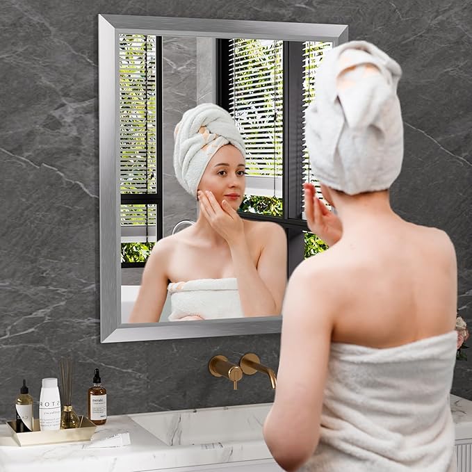 Amorho 20x30 Inch Bathroom Mirror Silver, Thick Metal Framed Wall Mirrors - Image 6