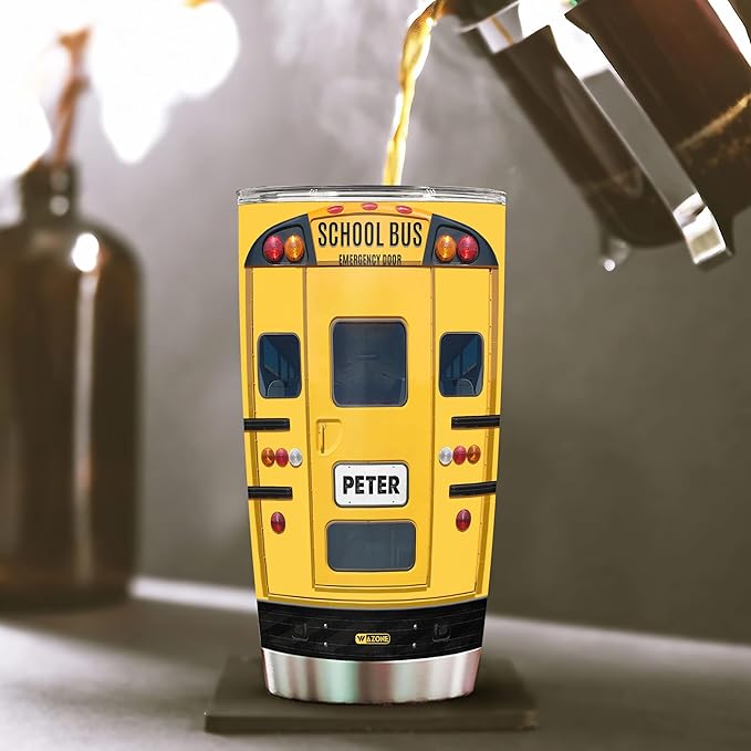 WAZONE Personalized School Bus Tumbler With Lid 20Oz 30Oz Custom Name Stainless Steel Vacuum Insulated Cup Novelty Funny Things Travel Mug Gifts Birthday Christmas For Men Driver Husband Him