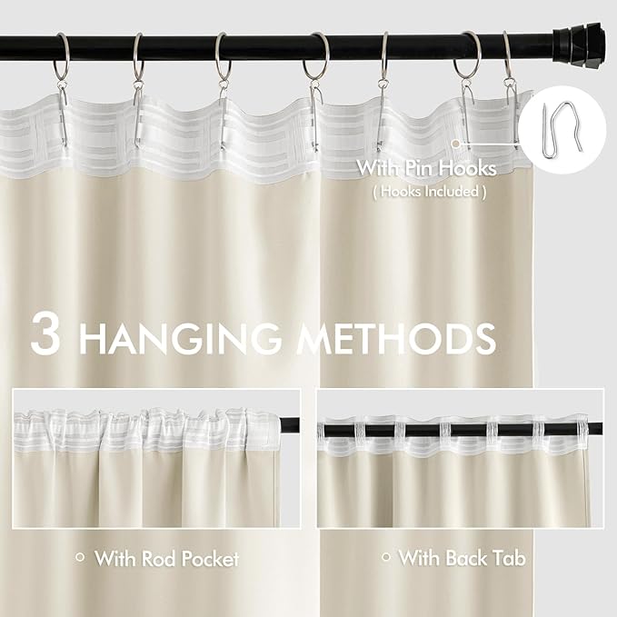 MIULEE Beige White Back Tab Blackout Curtains 102 Inch Long 2 Panels Set - Image 3