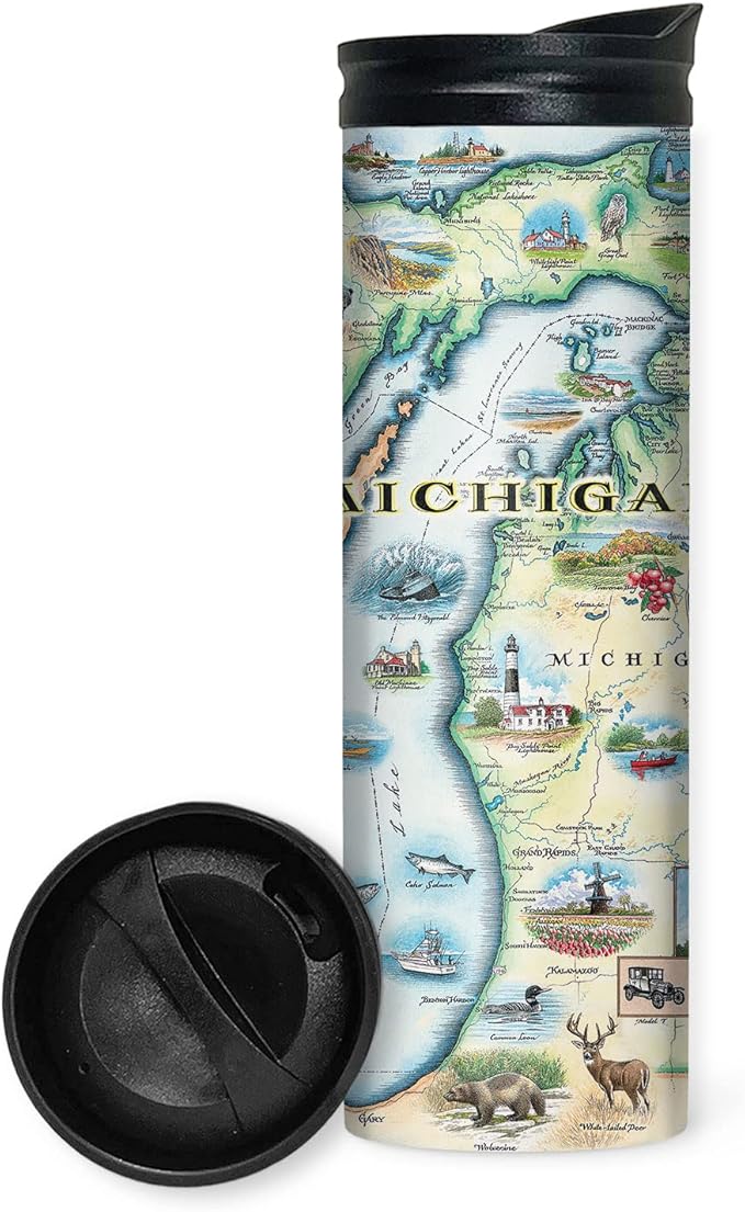 Xplorer Maps Michigan Map 16 Oz Travel Drinkware with Spill-Resistant Lid - Stainless Steel Vacuum Insulated Coffee Tumbler