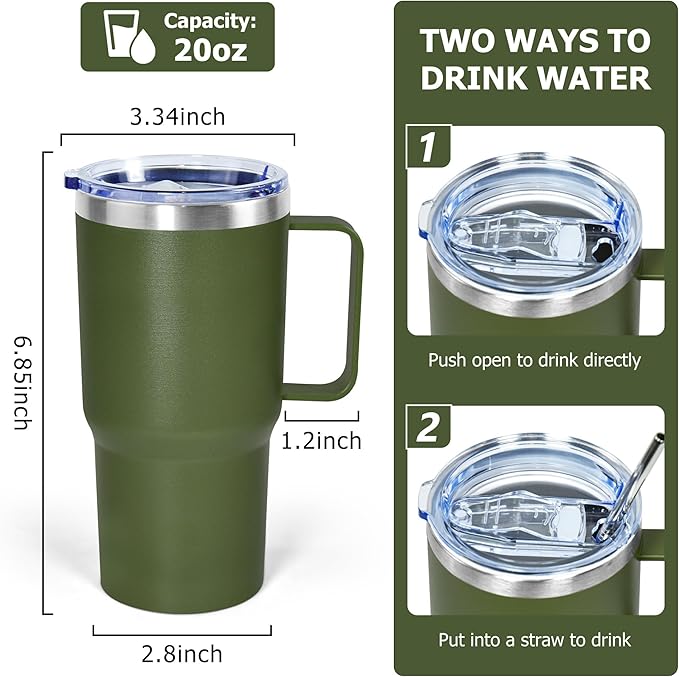 20 oz Tumbler with Handle, insulated cup coffee mug with lid, straw and handle, Double Wall Stainless Steel Vacuum Coffee Tumbler travel mug spill proof, 1pcs Army Green