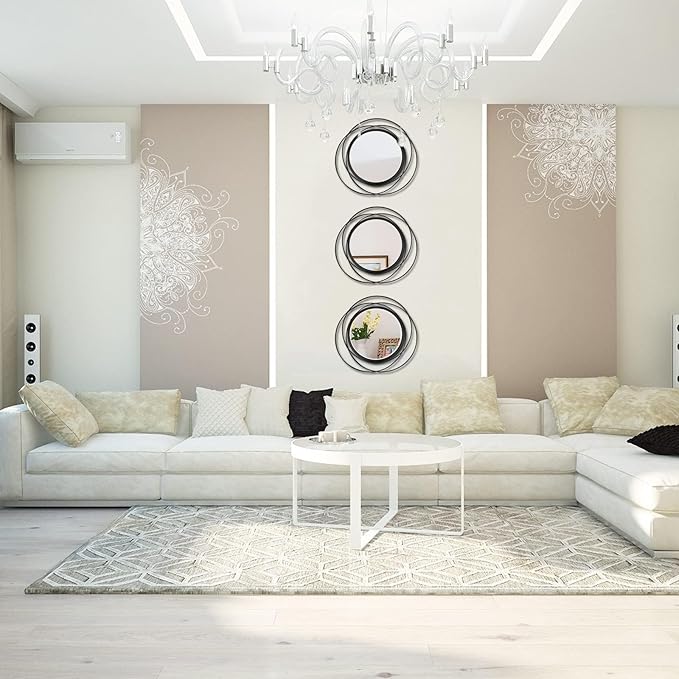 3 Set 13 inch Black Circle Mirrors Wall Decor Iron Frame Wire Mirror Metal - Image 3