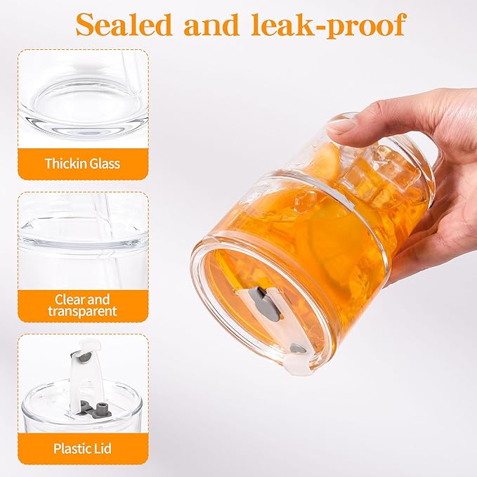 15oz Iced Coffee Cups with Lids Reusable,4Pcs Glass Matcha Cups,Glass Cups with Lids and Straws,Clear Glass Coffee Tumbler for Drinking Water,Tea,Juice