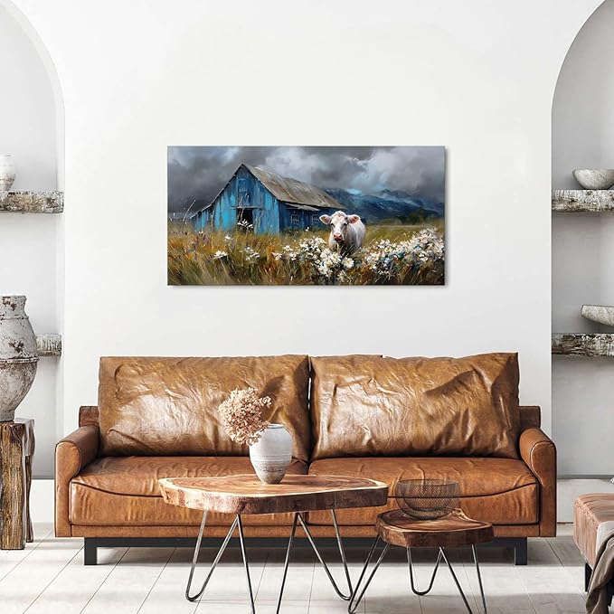 Farmhouse Barn Wall Art Cow Pictures Wall Decor Rustic Blue Barn Landscape - Image 3