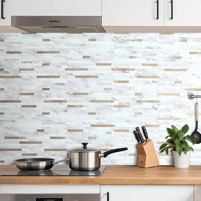 AULIGET 2 Sheets Faux Stone White Marble Peel and Stick Backsplash, PVC Mixed - Image 6