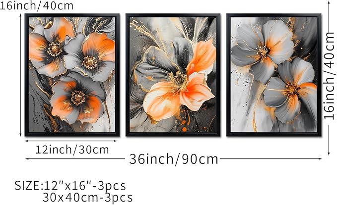 iKNOW FOTO 3 Piece Orange and Grey Abstract Flower Canvas Wall Art - Image 7