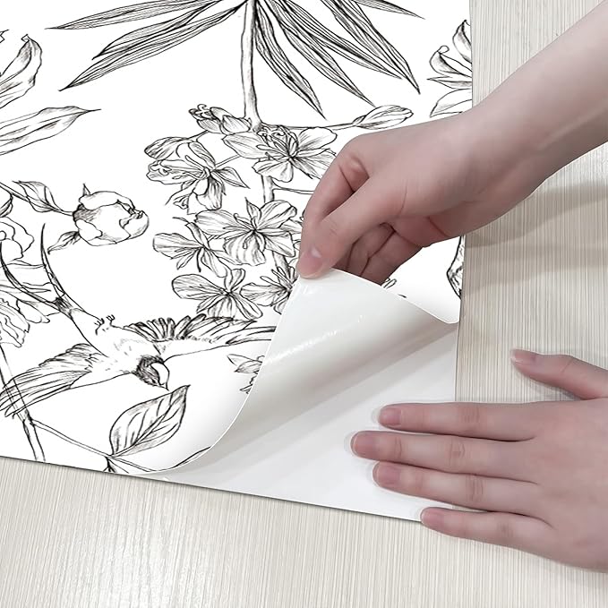 JiffDiff White and Black Wallpaper Peel and Stick Sketched Peony Floral - Image 6