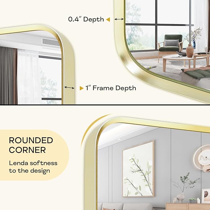 Wall Mount Mirror for Bathroom, Brushed Gold Metal Framed Rounded Corner - Image 4