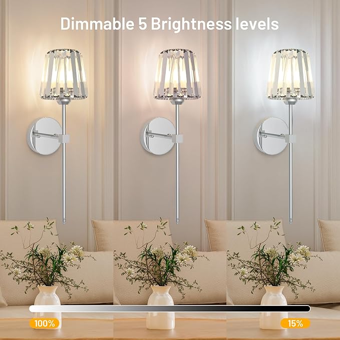 Crystal Battery Operated Wall Sconces Set of 2, Chrome Rechargeable Wireless - Image 6