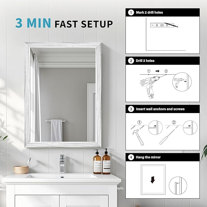 White Grey Wood Effect Framed Wall Mirror, 22x30 Rectangle Mirror, - Image 6