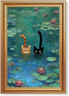 Fantasy Artists Gold Framed Wall Art Prints, Two Swimming Cats in Lotus Pond by Unknown