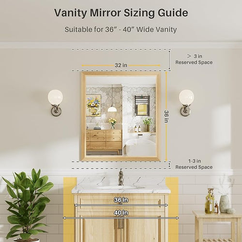 36x32 Inch Bathroom Mirror for Wall, Anti-Rust Oak Wood Grain Metal Framed - Image 2