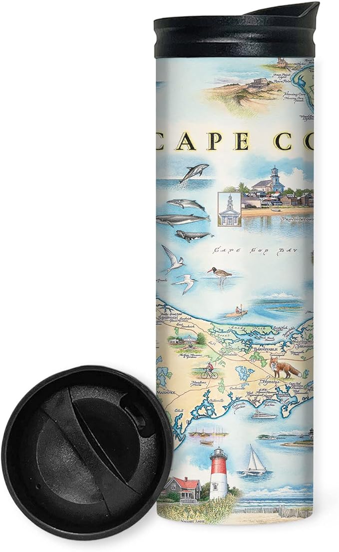 Xplorer Maps Cape Cod Map 16 Oz Travel Drinkware with Spill-Resistant Lid - Stainless Steel Vacuum Insulated Coffee Tumbler