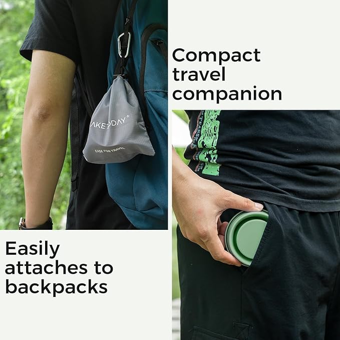 TakeToday 2PCS Collapsible Travel Cup - Silicone Foldable Water Cup, BPA-Free with Lid & Waterproof Bag - Drinking Cup Set for Camping, Outdoors & International Travel（8 Oz, Blue& Green）
