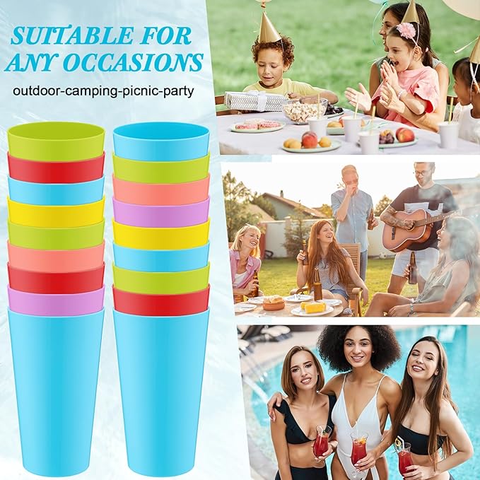 Uiifan 54 Pcs 18 oz Plastic Tumblers Reusable Drinking Cups for Summer Glasses Drinking Dishwasher Safe Stackable Unbreakable Large Tumbler for Kitchen Indoor Outdoor Dining Patio Picnic(Colorful)