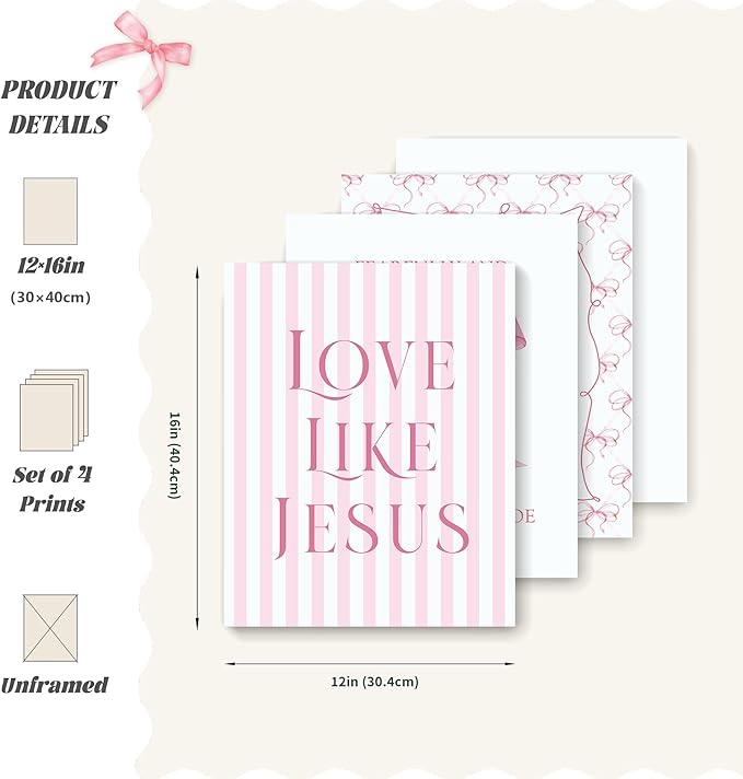 LARTSFRO Coquette Pink Bow Jesus Wall Art Decor Posters, Light Pink Bow - Image 2