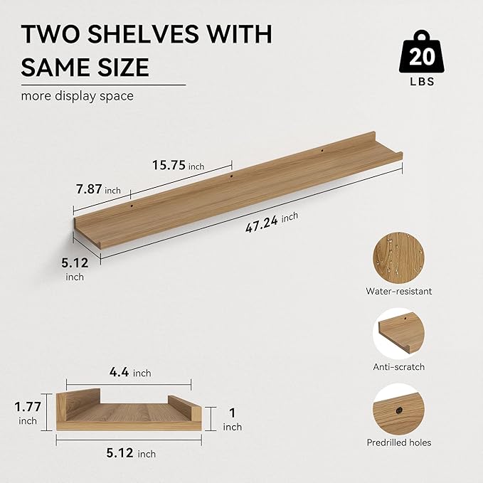 Boswillon 47.2 Inches Long Floating Shelves Wall Mounted, 2 Set Rustic Wall - Image 2
