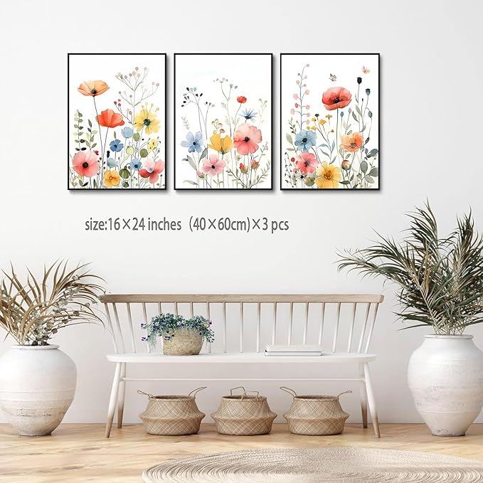 KISSFOX Framed Colorful Wildflower Canvas Wall Art Set Of 3 Flowers Pictures - Image 2