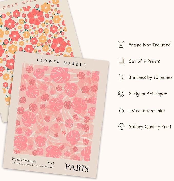 AnyDesign 9 Pcs Flower Market Decoration Matisse Wall Art Prints Floral Art - Image 3