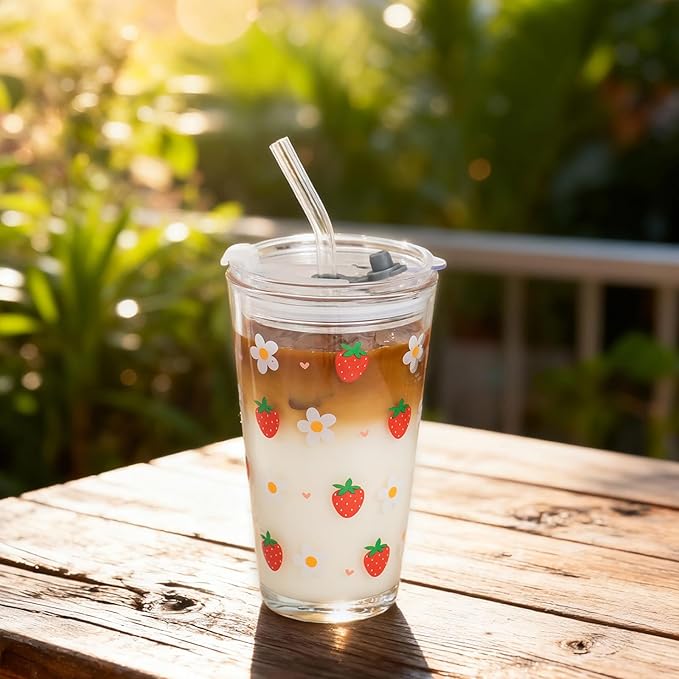 15oz Glass Tumbler with Glass Straw and Lid, Cute Iced Coffee Cups, Aesthetic Glass Cups, Coffee Tumbler, Water Cup, Matcha Cup, Drinking Glasses (Strawberry)