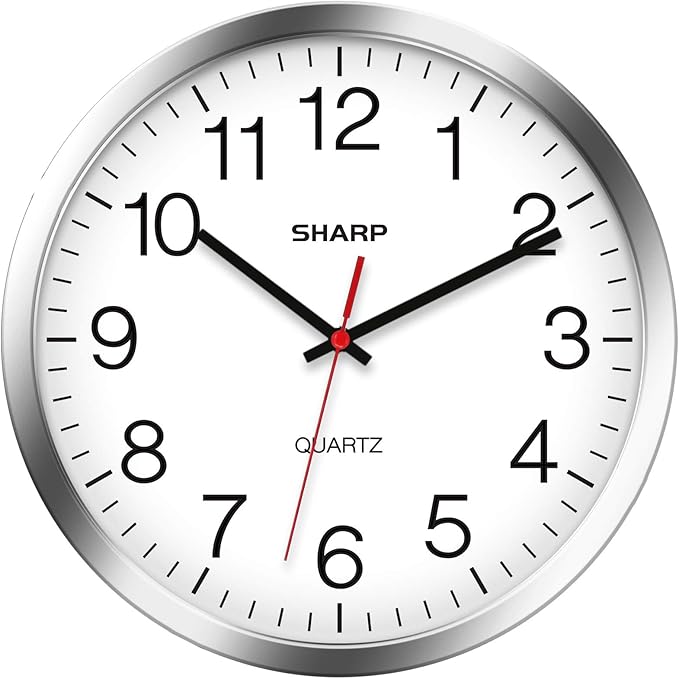 Sharp Wall Clock – Silver/Chrome, Silent Non Ticking 10 Inch Quality Quartz by SHARP