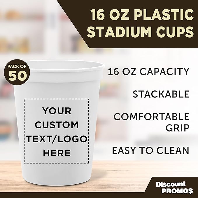DISCOUNT PROMOS Custom Plastic Stadium Cups 16 oz. Set of 50, Personalized Bulk Pack - Perfect for Birthdays, Weddings, Picnic, Beach, Parties - White