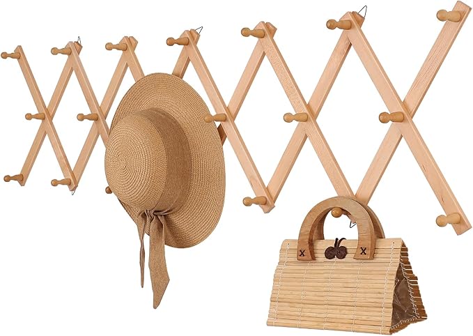 SCUNDA Wall Rack with 20 Hooks, Wooden Wall Expandable Coat Rack by SCUNDAHOME