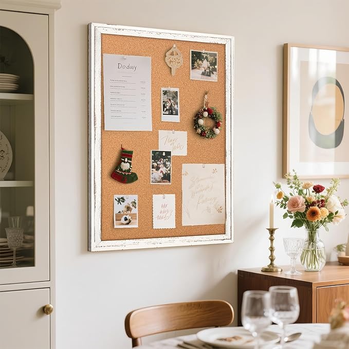 Cork Board Bulletin Board, Rustic White Wooden Frame, Hanging Pin Board - Image 2