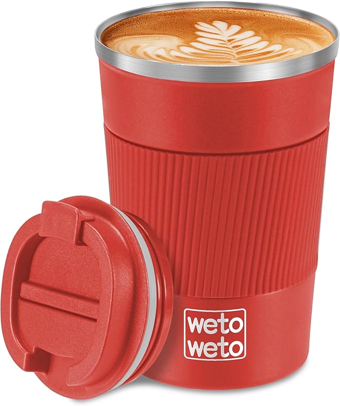 WETOWETO 12oz Reusable Coffee Cup, Coffee Travel Mug with Lid, Spill Proof Thermal Mug, Double-Walled Insulated Cup, Stainless Steel Portable Cup for Hot and Cold Drinks(Red)