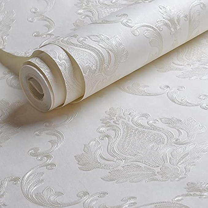 AMINAH DECO Cream White Damask Decorative Textured Floral Wallpaper Non-Woven by AMINAH+DECO