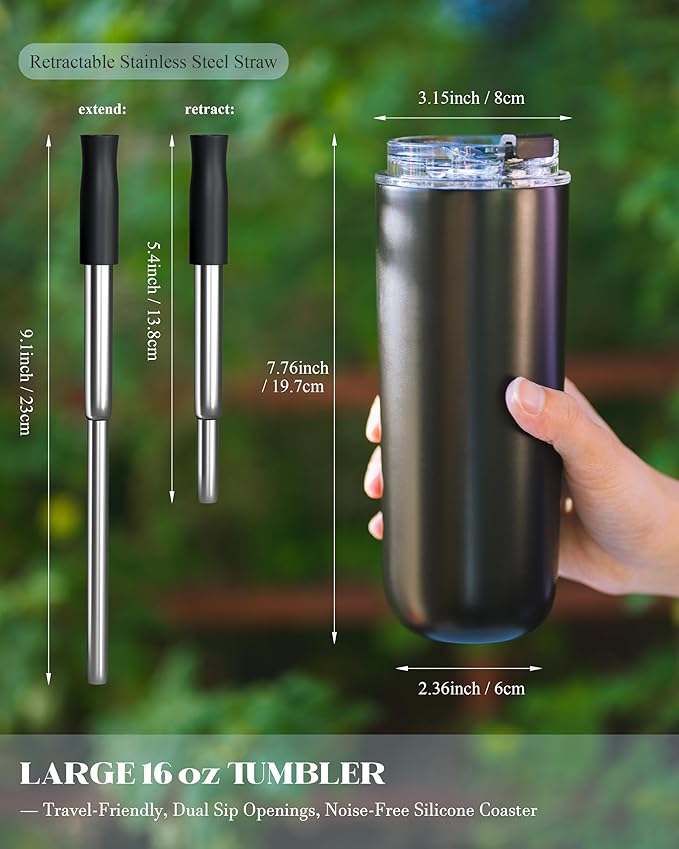 16 oz Insulated Coffee Tumblers, Travel Coffee Tumblers with Straw, Double-Wall Stainless Steel Tumbler, Leak Proof Tumbler, Reusable Cups with Lids for lced and Hot Drinks (Black)