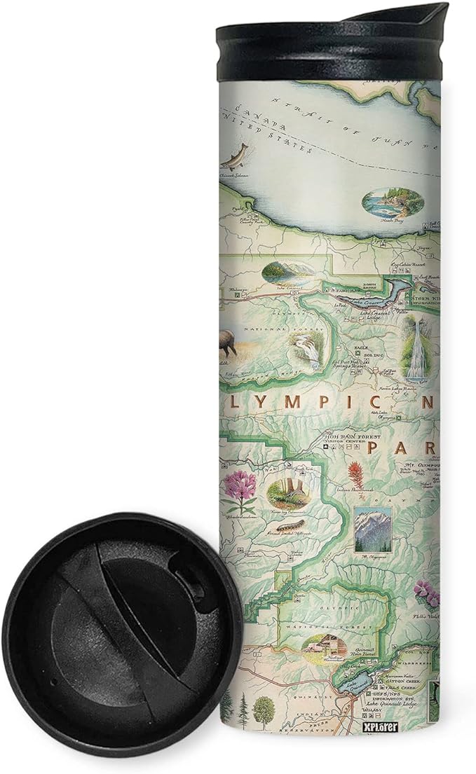 Xplorer Maps Olympic National Park Map 16 Oz Travel Drinkware with Spill-Resistant Lid - Stainless Steel Vacuum Insulated Coffee Tumbler