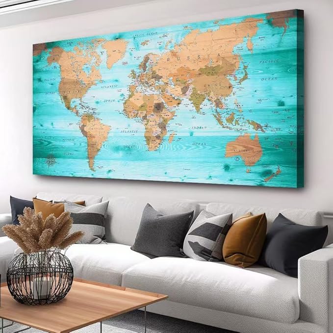 Large Wall Art Blue Painting Ready to Hang 40"x78"Large map of the world Framed by ZEYDRT