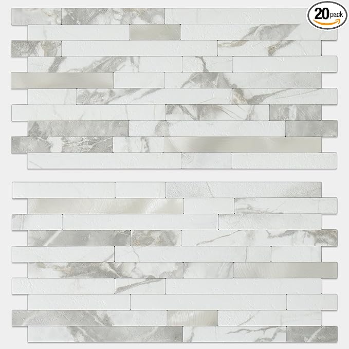 AULIGET 20 Sheets White Stone Peel and Stick Backsplash, PVC Mixed Metal Silver by AULIGET