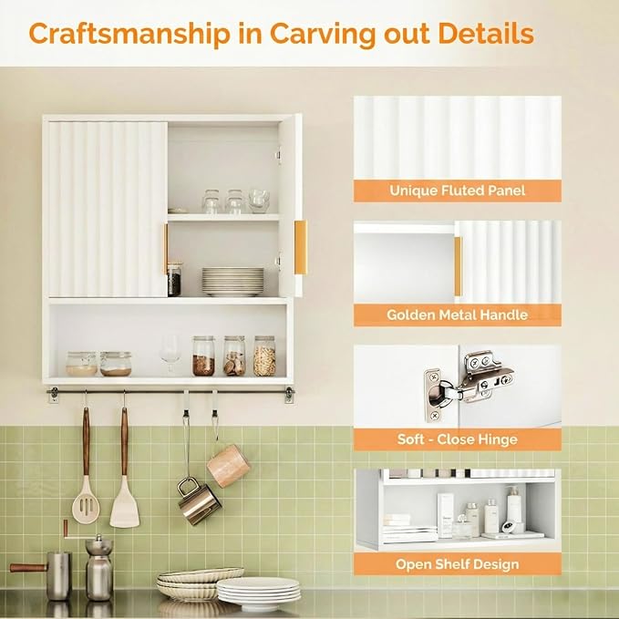 VINGLI White Bathroom Wall Cabinet, Modern Fluted Medicine Cabinet - Image 8