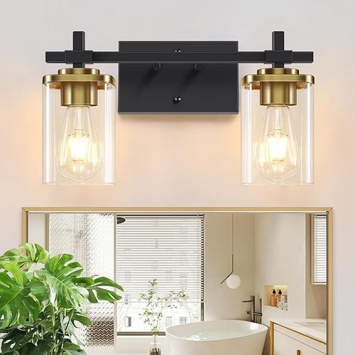 2-Lights Black and Gold Bathroom Light Over Mirror by Spiglamm