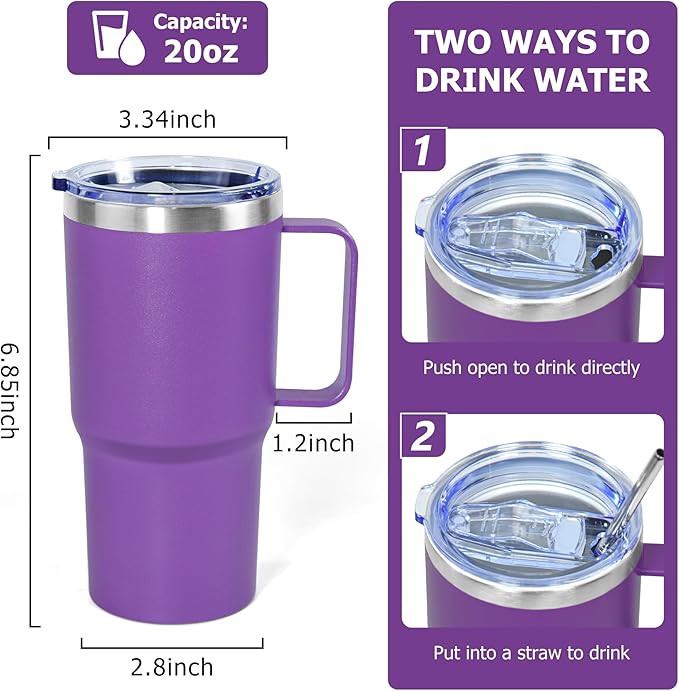 20 oz Tumbler with Handle, insulated cup coffee mug with lid, straw and handle, Double Wall Stainless Steel Vacuum Coffee Tumbler travel mug spill proof, 1pcs Purple