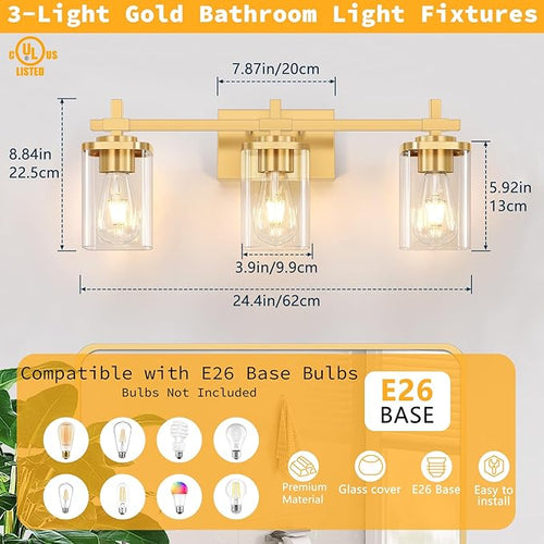 3-Lights Gold Bathroom Light Fixtures, Bathroom Vanity Light Over Mirror - Image 2