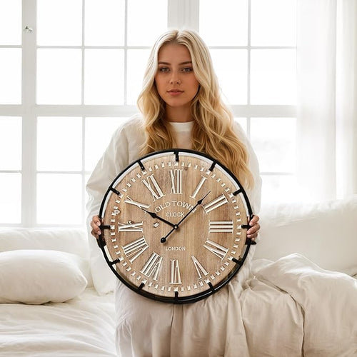 20 Inch Grand Farmhouse Wall Clock, Vintage-Inspired Wood & Metal Design by MICWIC