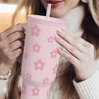 SANDJEST Floral Tumbler with Handle and Straw 40oz Stainless Sleel Slider Tumbler Travel Coffee Mug for Women - Gift Idea for Birthday Christmas