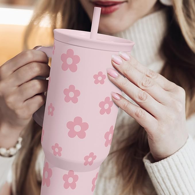 SANDJEST Floral Tumbler with Handle and Straw 40oz Stainless Sleel Slider Tumbler Travel Coffee Mug for Women - Gift Idea for Birthday Christmas