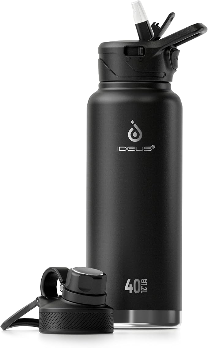 IDEUS Insulated Stainless Steel Water Bottle with 2 Leak-Proof Lids, Thermal Water Flask for Hiking Biking, Double Wall Insulation, 40oz, Black
