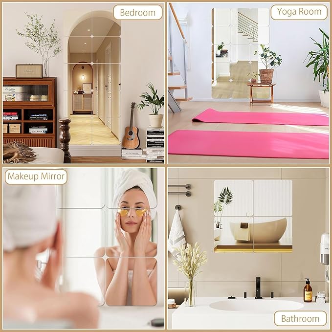 JUNEBRUSHS 4 Pack Self Adhesive Acrylic Mirror, 8 x 8 Inch Mirror Tiles - Image 4