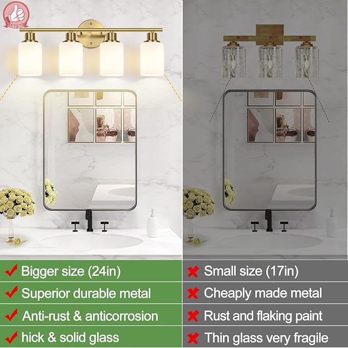 Zarbitta 4-Light Bathroom Light Fixtures, Brushed Gold Modern Vanity Lights - Image 3