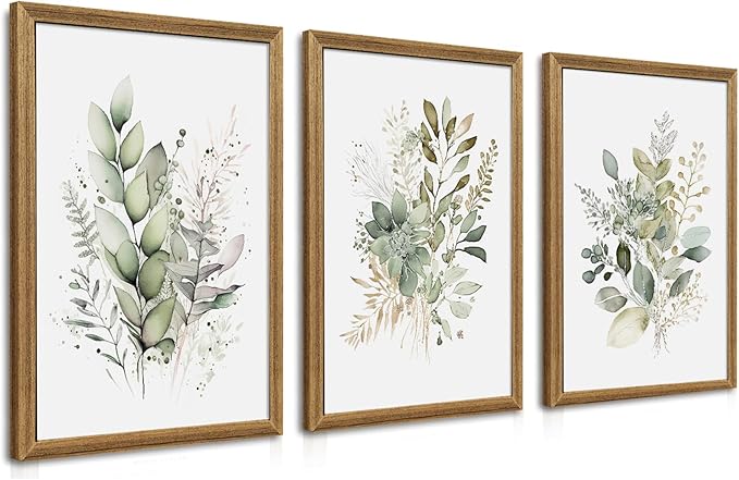WRFON Framed Sage Green Botanical Wall Art Set of 3, Watercolor Eucalyptus & by Unknown