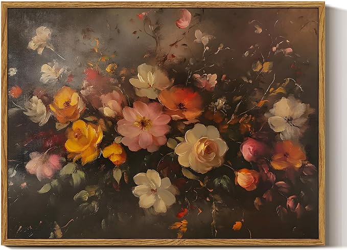 InSimSea Framed Canvas Wall Art, Vintage Wall Decor, Fall Floral Dark Moody by InSimSeaArt