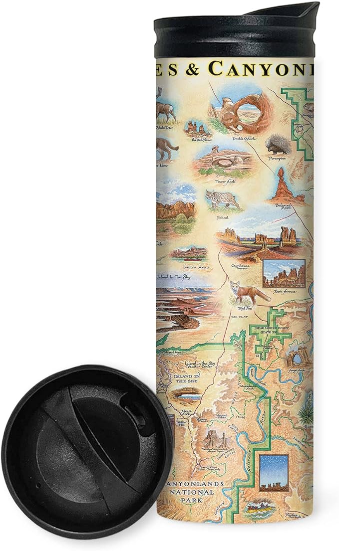 Xplorer Maps Arches & Canyonlands National Parks Map 16 Oz Travel Drinkware with Spill-Resistant Lid - Stainless Steel Vacuum Insulated Coffee Tumbler