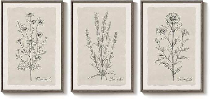 Framed Farmhouse Botanical Canvas Wall Art Set of 3, Large Vintage Neutral - Image 4