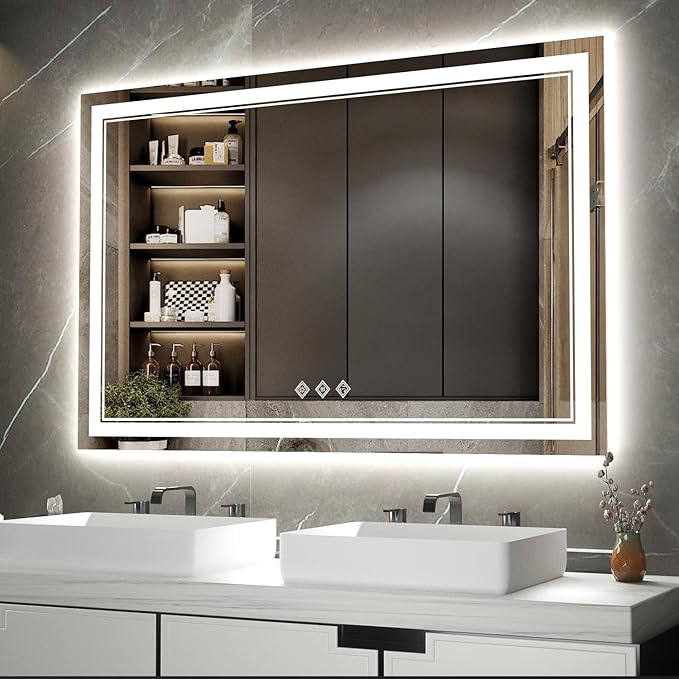 LED Bathroom Mirror, 48x32 Inch Gradient Front and Backlight Lighted Vanity by VanPokins-GlobalHighEndLEDBathroomMirrorBrand